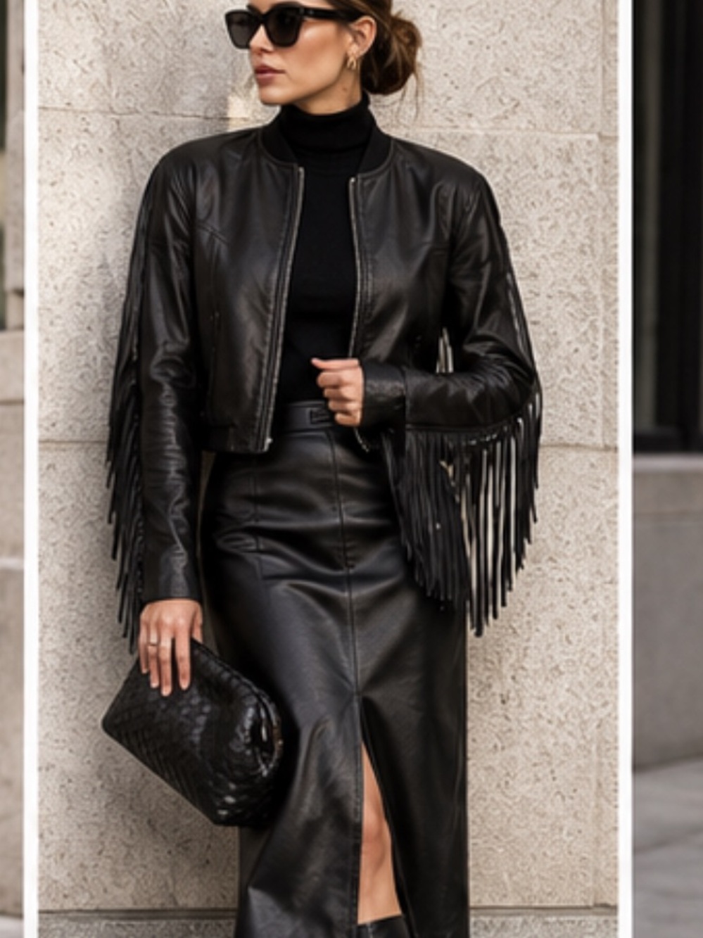 Bagatelle Fringe-Trim genuine Leather Bomber Jacket Black size S